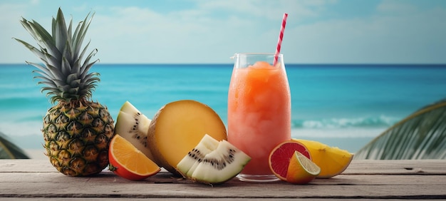 Тропические коктейли со свежими фруктами на потрясающем райском пляже