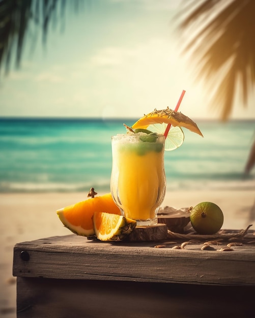 Tropical Cocktails with Fresh Fruits on a Stunning Beach Paradise