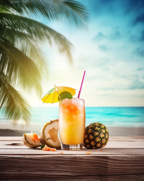 Tropical Cocktails with Fresh Fruits on a Stunning Beach Paradise