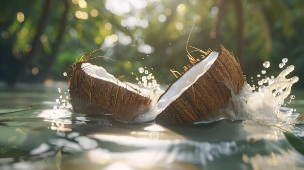 Photo tropical coconut cut open revealing its creamy flesh and refreshing water