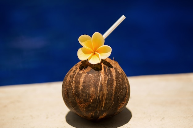 Tropical coconut drink with yellow flower, at swimming pool edge