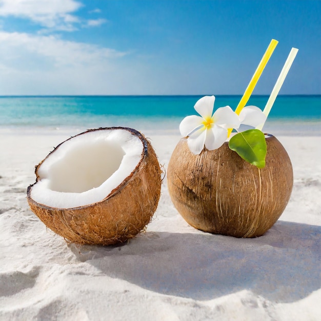 Photo tropical coconut drinks on the beach ai generated