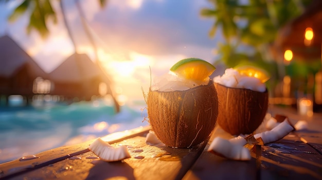 Фото Тропические кокосовые напитки с лаймом на деревянном баре у бассейна пальмы и бунгало на заднем плане