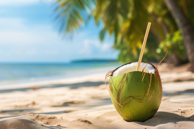 Тропический кокосовый сок с питьевой соломинкой Генеративный ИИ