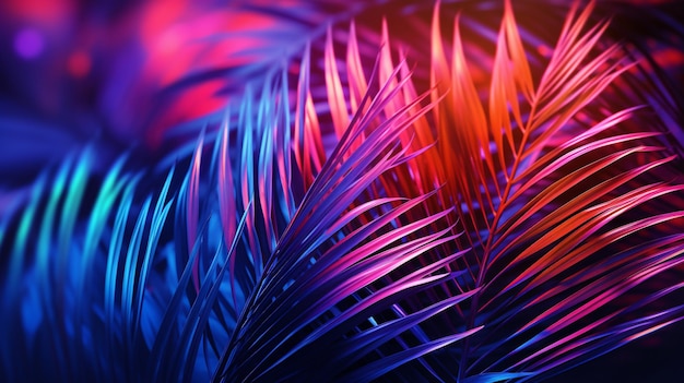Tropical coconut palm leaves in colorful vibrant bold gradient holographic neon colors