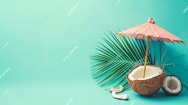 Tropical coconut summertime beverage under a vacation cover with a big copy space generative ai