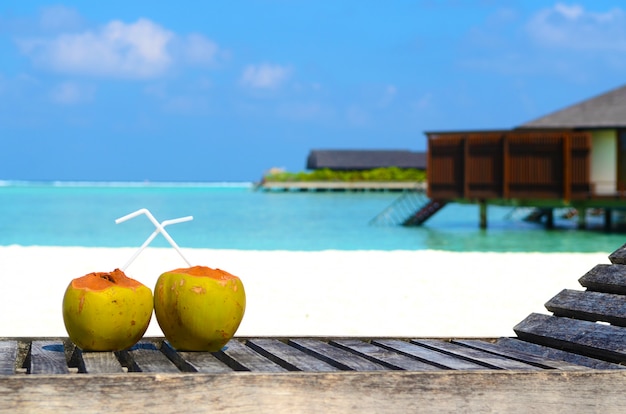 Tropical coconut on white beach