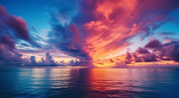 바다 위의 구름과 함께 열대의 다채로운 극적인 일몰