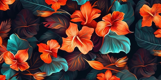 tropical colorful seamless pattern with flowers in the style of neon color palette