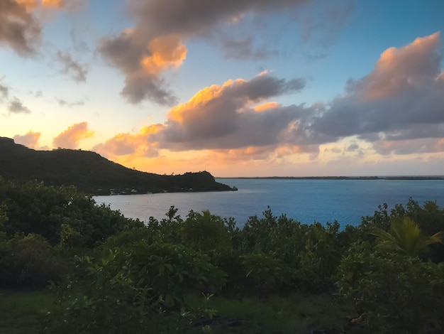 Tropical colorful sunset sea lagoon island bay