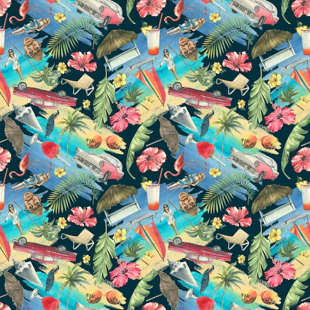 Tropical cuban bright pattern seamless on a dark background\
with cocktails palm trees retro cars pink flamingos seashells\
watercolor illustration from a large cuba set