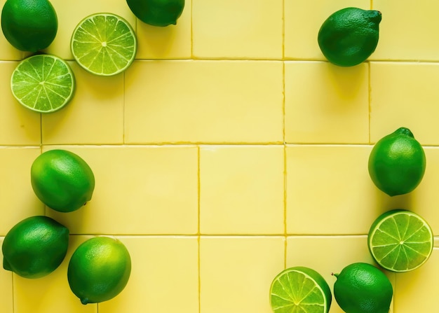 Foto delizie culinarie tropicali fette di lime aromatiche e foglie verdi su uno sfondo di piastrelle gialle che aggiungono gusto alla tua cucina