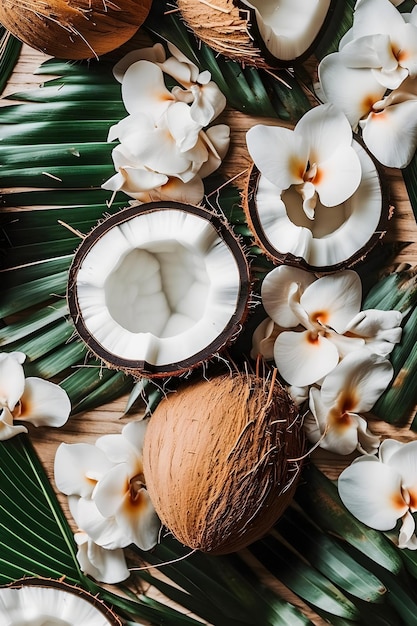 여름 미학을 위한 나뭇잎과 꽃이 있는 열대 기쁨 코코넛 슬라이스