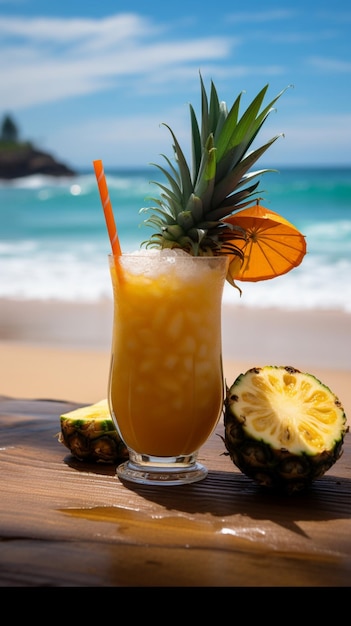 Tropical delight Refreshing pineapple drink enjoyed against a stunning beach backdrop Vertical Mobil