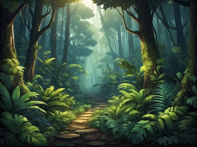 Photo tropical dense forest cartoon background