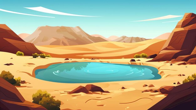 A tropical desert with an oasis and sand dunes Cartoon illustration of dry cracked ground and green bushes in a hot tropical desert