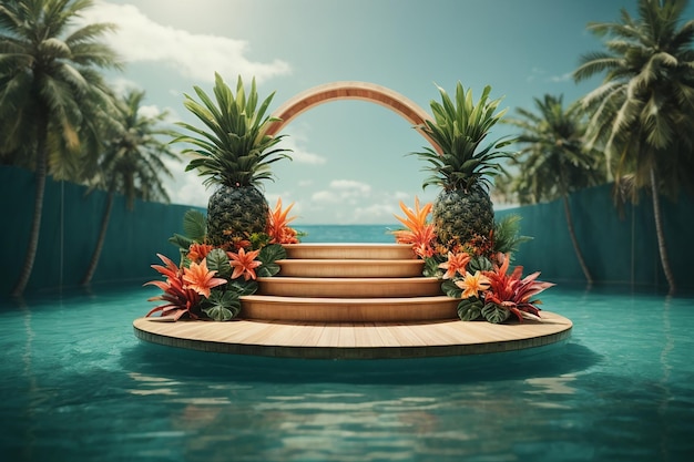 Tropical display podium on water with flat background 3d render