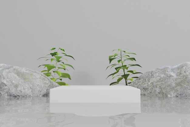 Tropical display podium on water with flat background 3d render