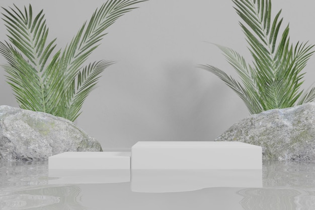 Tropical display podium on water with flat background 3d render