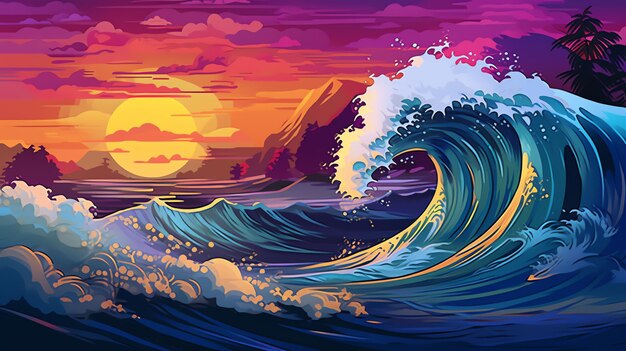 Tropical Dreams Animated Sea Wall Art with Sunset Sky and Colorful Wave in Synthwave Style