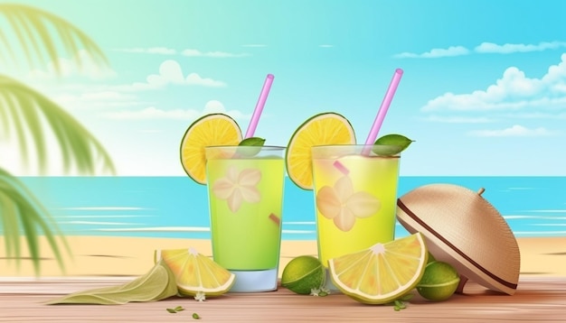 A tropical drink on the beach with a beach in the background.