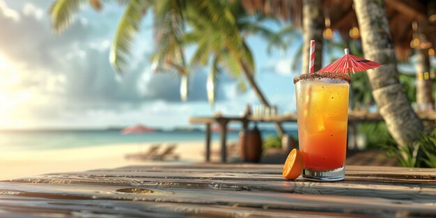 Photo a tropical drink sits on a table next to a palm tree