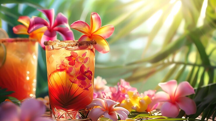 Photo 花と砂糖の辺りの熱帯飲み物