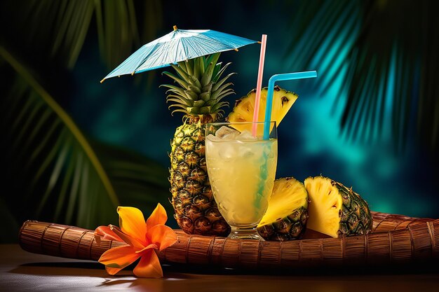 Tropical Drink with Pineapple and Paper Umbrella