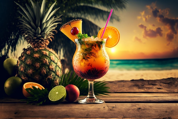 Tropical drink on a wooden table on the beach Created with generative Ai technology