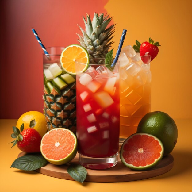 tropical drinks with a bowl of fruits