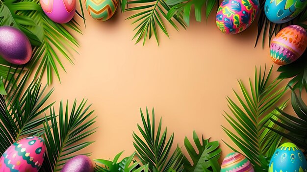 Tropical Easter Celebration with Decorated Eggs and Palm Leaves Frame with copy space