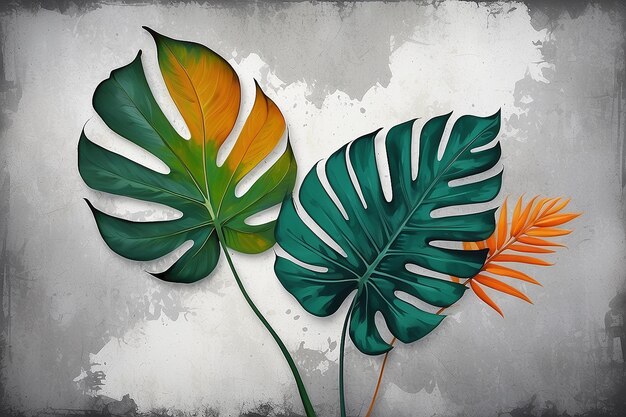 Tropical Elegance Abstract Leaf on Grunge Wall Background