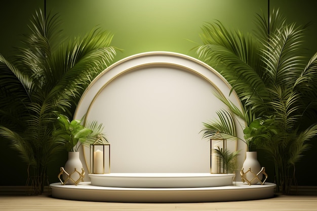 Tropical elegance white podium enhanced by a golden arch and lush palm leaves