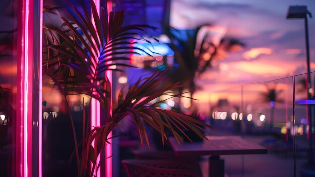 Foto ambiente serale tropicale con luci al neon e cielo al tramonto perfetto per i progetti moderni concetto di paradiso urbano ai