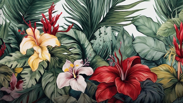 Foto carta da parati paesaggio esotico tropicale disegno disegnato a mano murale di lusso