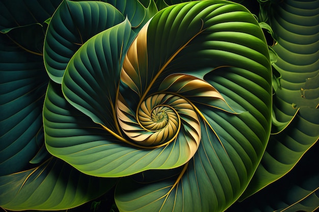 Tropical exotic leaf twisted into a spiral. Idyllic nature. Generative AI