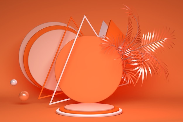 Тропическая экзотическая оранжевая пальма, круглая подиумная платформа с креативной треугольной рамкой для презентации продукта. Летний яркий стиль. Экзотические цвета, летний фон.