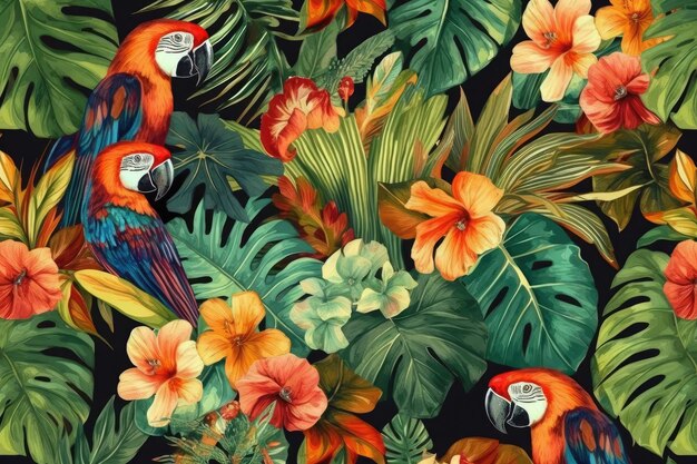 Фото Тропический экзотический рисунок с животными и цветами в ярких цветах и пышной растительностью