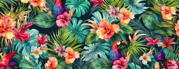 사진 화려한 색의 동물과 꽃과 울창한 식물과 함께 열대 이국적인 패턴 ai generative