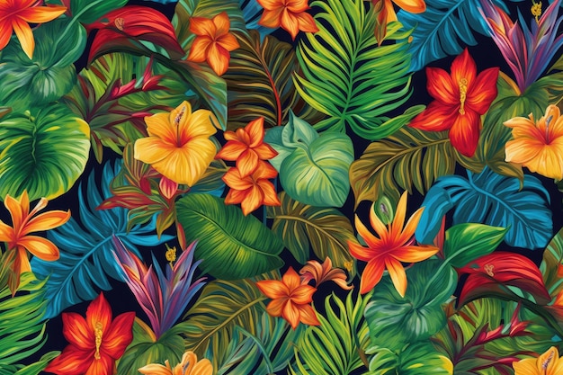 Photo tropical exotic pattern with animal and flowers in bright colors and lush vegetation ai generative