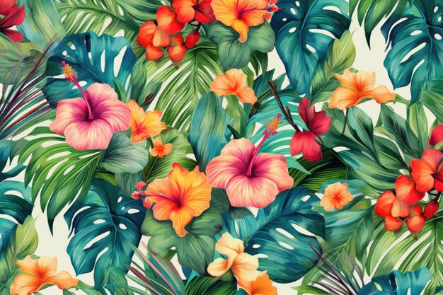 Tropical exotic pattern with animal and flowers in bright colors and lush vegetation ai generative