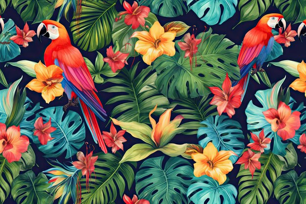 Тропический экзотический рисунок с животными и цветами в ярких цветах и пышной растительностью