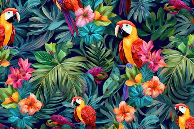 Disegno esotico tropicale con animali e fiori a colori vivaci e vegetazione lussureggiante ai generativo