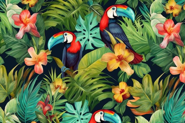 Foto disegno esotico tropicale con animali e fiori a colori vivaci e vegetazione lussureggiante ai generativo