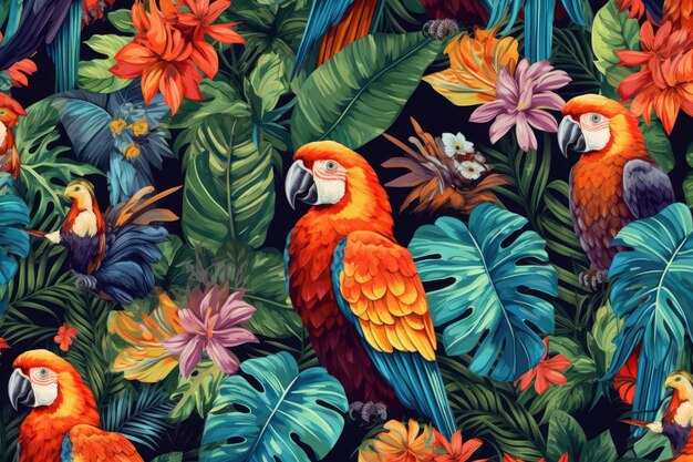 Tropical exotic pattern with animal and flowers in bright colors and lush vegetation ai generative