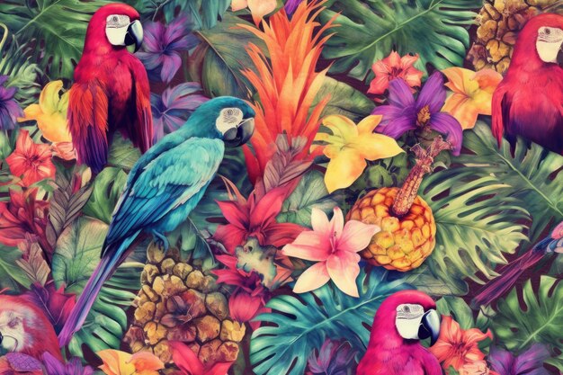 Foto disegno esotico tropicale con animali e fiori a colori vivaci e vegetazione lussureggiante ai generativo