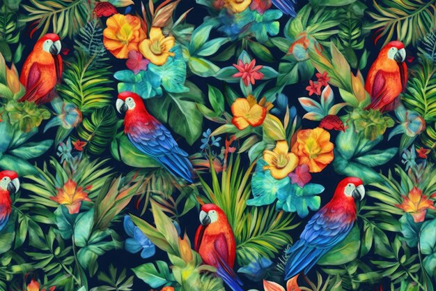 Photo tropical exotic pattern with animal and flowers in bright colors and lush vegetation ai generative