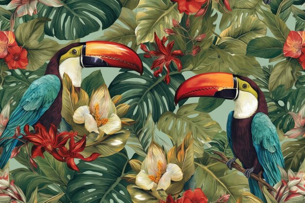 Disegno esotico tropicale con animali e fiori a colori vivaci e vegetazione lussureggiante ai generativo