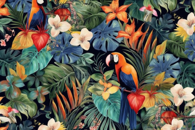 Tropical exotic pattern with animal and flowers in bright colors and lush vegetation ai generative