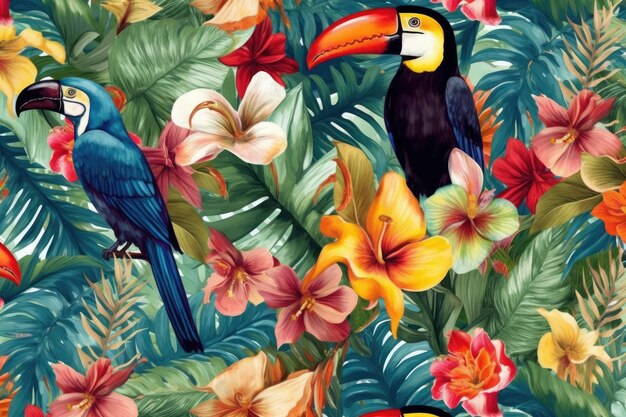 Disegno esotico tropicale con animali e fiori a colori vivaci e vegetazione lussureggiante ai generativo